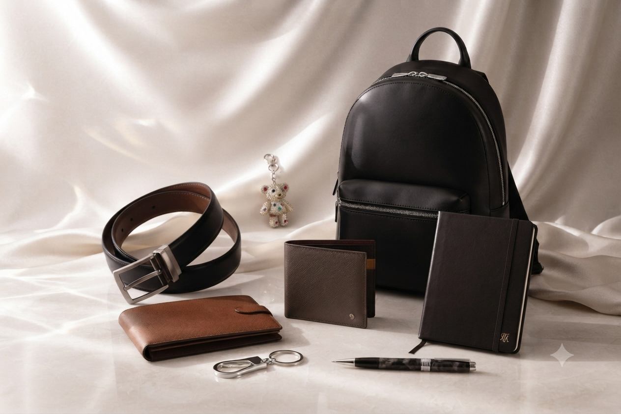 Collezione accessori di lusso uomo e donna tra cui zaino in pelle, portafogli e cintura