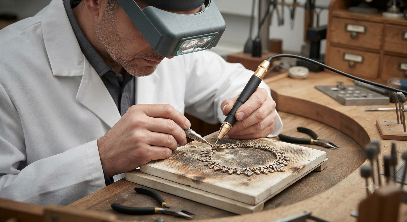 Maestro orafo esperto ripara un collier antico con saldatura laser nel laboratorio AC Gioielli.