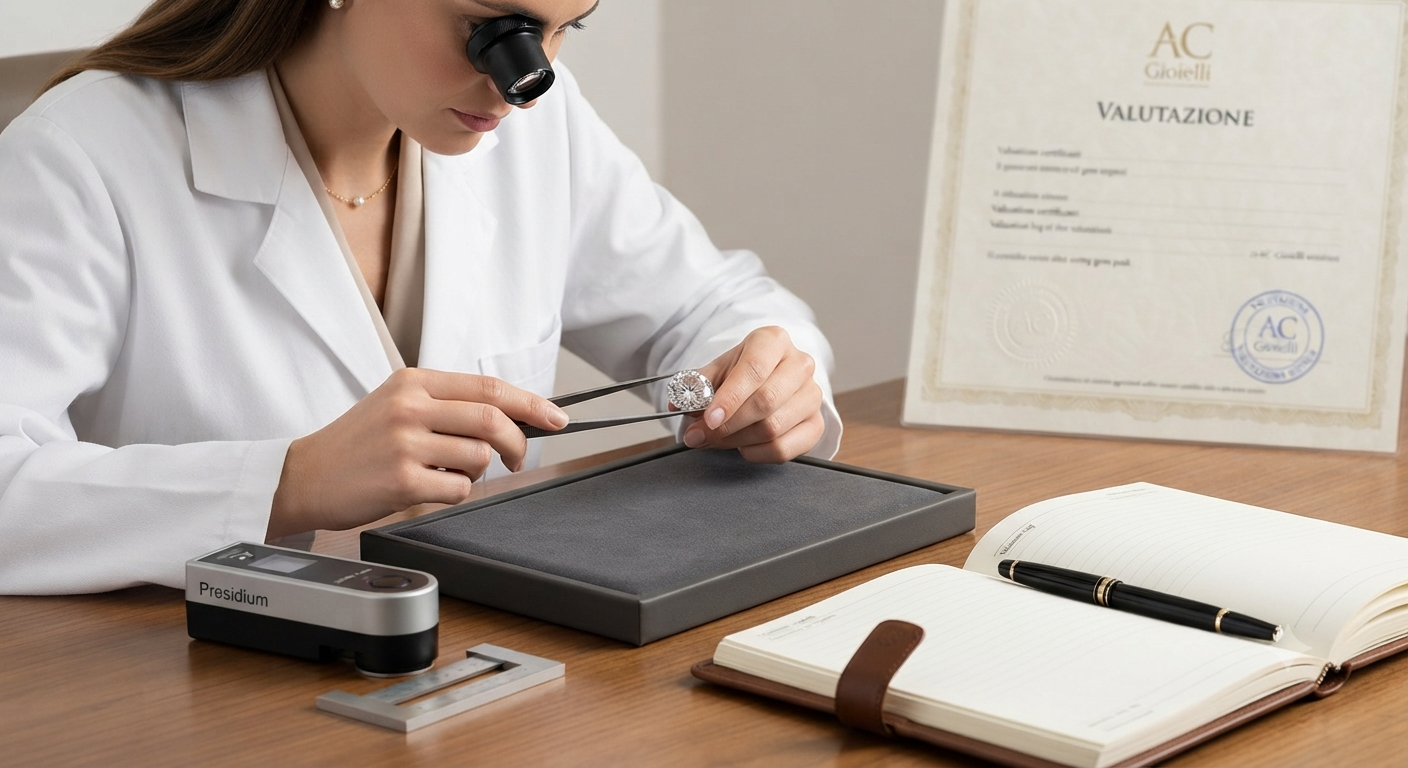 Gemmologo certificato esamina un diamante al microscopio per la valutazione professionale.