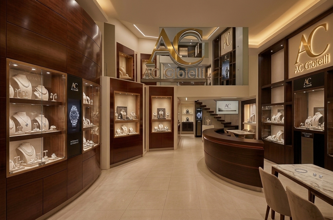 Interno del prestigioso flagship store AC Gioielli: architettura monumentale in marmo Calacatta, dettagli in oro, imponente lampadario di cristallo e salotti di consulenza privata per un'esperienza d'acquisto di lusso.